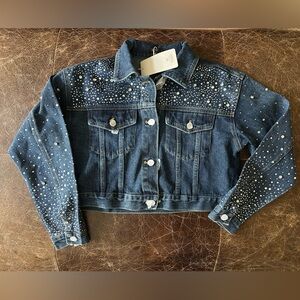 Shein MOTF Studio Rhinestone Studded Cropped Denim Button Up Jacket